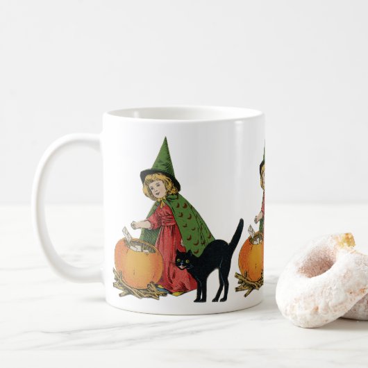 Oude heks en kat met Halloween, Ellen Clapsaddle Koffiemok (Met donut)