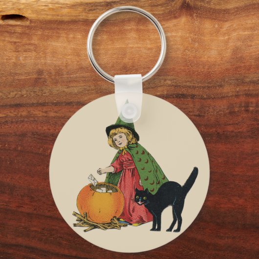 Oude heks en kat met Halloween, Ellen Clapsaddle Sleutelhanger (Voorkant)