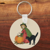 Oude heks en kat voor Halloween, Ellen Clapsaddle Sleutelhanger (Voorkant)