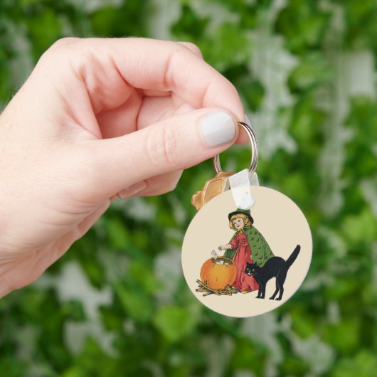 Oude heks en kat voor Halloween, Ellen Clapsaddle Sleutelhanger (Hand)