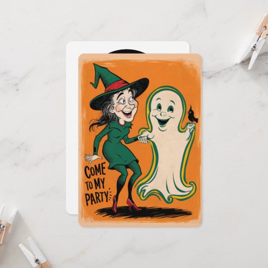 Oude heks en spook Halloween-feest Kaart (Voorkant / Achterkant in situ)