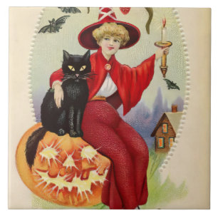 Oude heks en zwarte kat voor Halloween Tegeltje