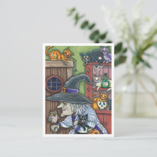 OUDE HEKS GELUKKIG HUIS, VEEL KATTEN & UIL HALLOWE FEESTDAGENKAART (Staand voorkant)