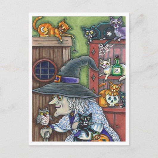 OUDE HEKS GELUKKIG HUIS, VEEL KATTEN & UIL HALLOWE FEESTDAGENKAART (Voorkant)