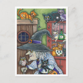 OUDE HEKS GELUKKIG HUIS, VEEL KATTEN & UIL HALLOWE FEESTDAGENKAART