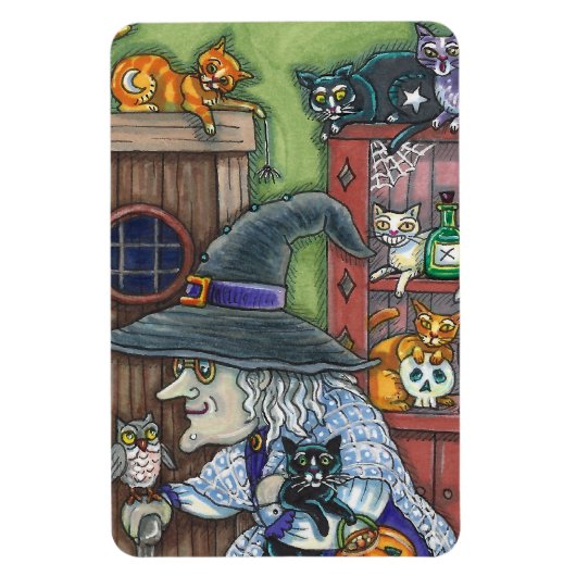 OUDE HEKS GELUKKIG HUIS, VEEL KATTEN & UIL HALLOWE MAGNEET (Verticaal)