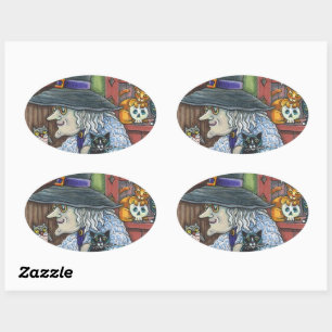 OUDE HEKS GELUKKIG HUIS, VEEL KATTEN & UIL HALLOWE OVALE STICKER