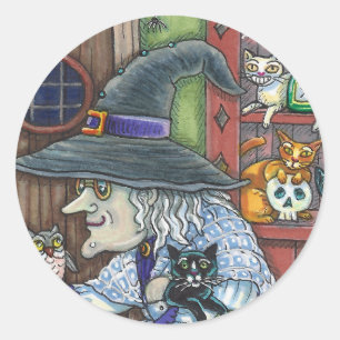 OUDE HEKS GELUKKIG HUIS, VEEL KATTEN & UIL HALLOWE RONDE STICKER