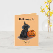 Oude heks kat Halloween kaart (Gele Bloem)