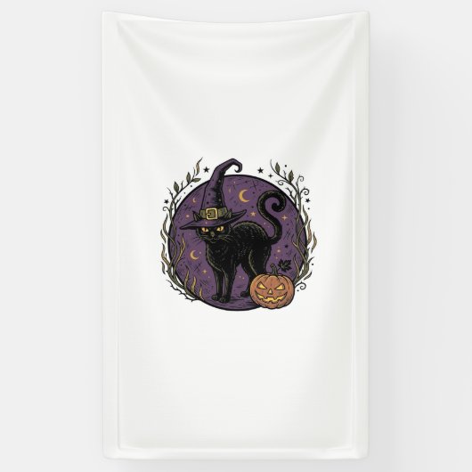 Oude Heks Kat Halloween Vector T-shirt Ontwerp_1 Spandoek (Verticaal)