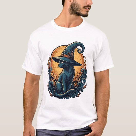 Oude Heks Kat Maan Halloween Vector Kunst_1 T-shirt (Voorkant)