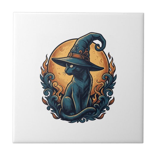 Oude Heks Kat Maan Halloween Vector Kunst_1 Tegeltje (Voorkant)