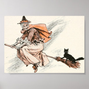 Oude heks met bezem en kat poster