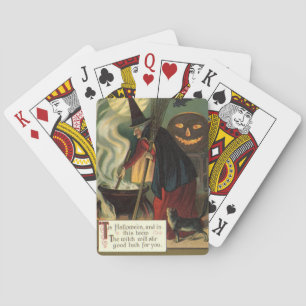 Oude heks met Halloween heksenketel roert toverdra Pokerkaarten