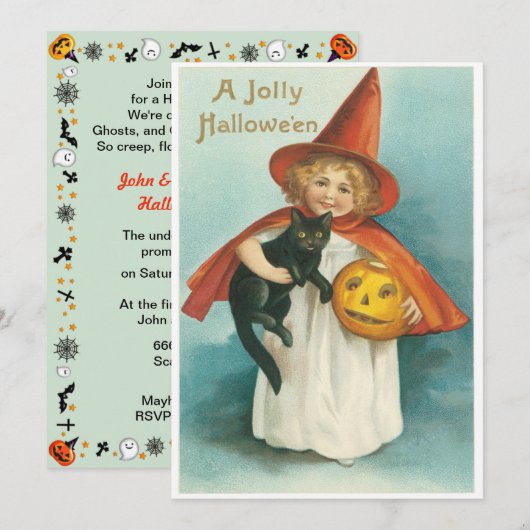 Oude heks met kat Halloween Kaart (Voorkant / Achterkant)