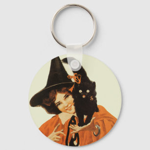 Oude heks met mooie zwarte kat sleutelhanger