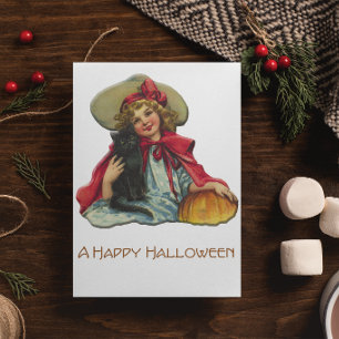 Oude heks met pompoen en kat voor Halloween Kaart