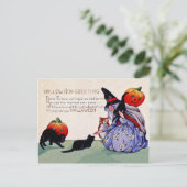 Oude heks met pompoenen en zwarte katten,  briefkaart (Staand voorkant)