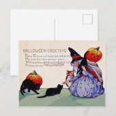 Oude heks met pompoenen en zwarte katten,  briefkaart (Voorkant / Achterkant)