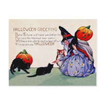 Oude heks met pompoenen en zwarte katten, vintage