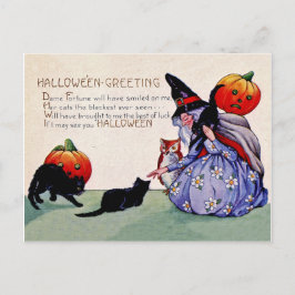 Oude heks met pompoenen en zwarte katten, vintage briefkaart