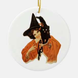 Oude heks met zwarte kat op schouder keramisch ornament