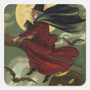 Oude heks op bezemsteel met kat Halloween Vierkante Sticker