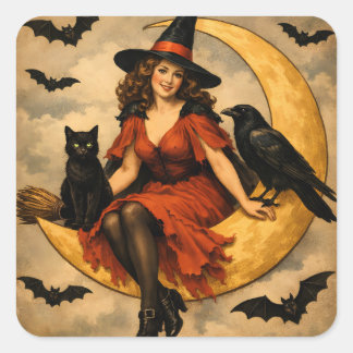 Oude heks op de maan met Halloween-thema Vierkante Sticker
