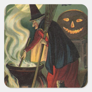 Oude heks op Halloween roert magische ketel Vierkante Sticker