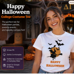 Oude heks vliegend met vleermuizen met Halloween T-shirt