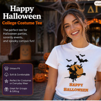 Oude heks vliegend met vleermuizen met Halloween T-shirt