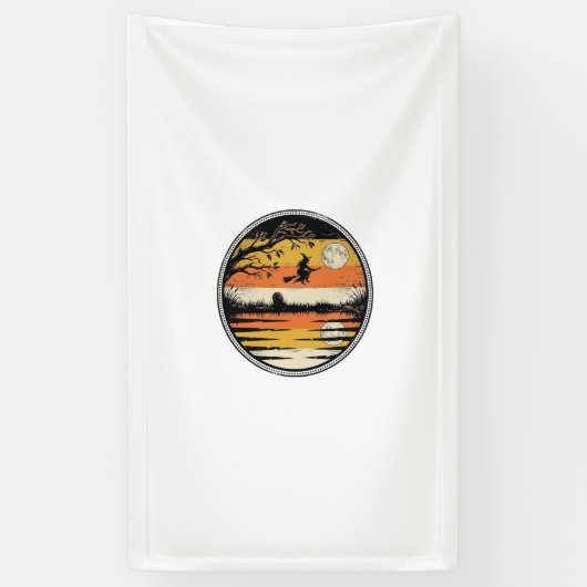 Oude Heks Zonsondergang Halloween Vectorontwerp_1 Spandoek (Verticaal)