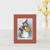 Oude Heks Zwart Kat Halloween Kaart (Gele Bloem)