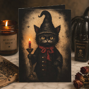 Oude Heks Zwarte Kat Gotische Halloween Briefkaart