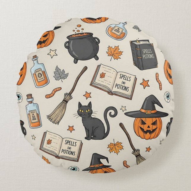 Oude Heksen op Halloween Rond Kussen (Voorkant)
