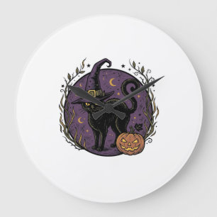 Oude Heksenkat Halloween Vector T-shirt Ontwerp_1 Grote Klok