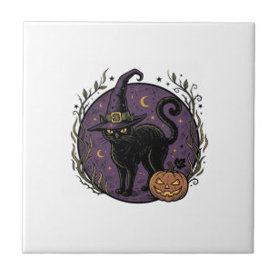 Oude Heksenkat Halloween Vector T-shirt Ontwerp_1 Tegeltje