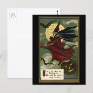 Oude Hekserij op Bezemsteel met Kat voor Halloween Briefkaart
