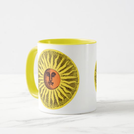 Oude Hemelgele Glimlachende Gelukkige Hippie Zon Mok (Voorkant links)