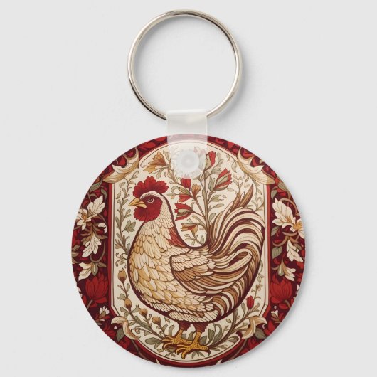 Oude Hen Rood en Crème Bloemmotief Sleutelhanger (Voorkant)