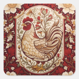 Oude Hen Rood en Crème Bloemmotief Vierkante Sticker