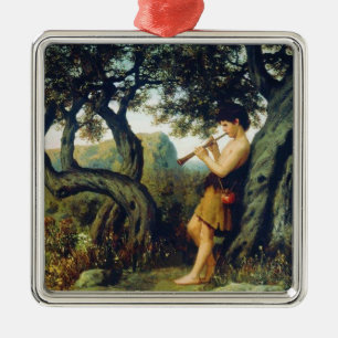 Oude herder jongen spelen de fluit metalen ornament