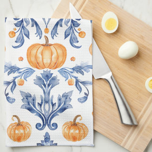 Oude herfst blauwe witte oranje pompoenen theedoek