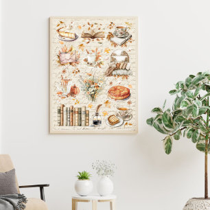 Oude herfst essentie cozy bibliotheek poster