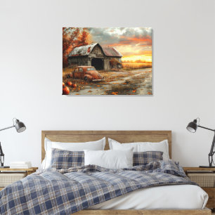 Oude herfst landweg en schuur 32x24 canvas afdruk