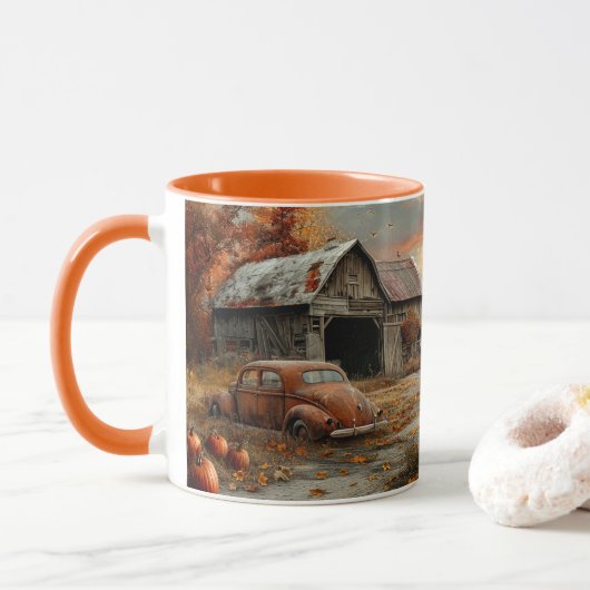 Oude herfst landweg en schuur mok (Met donut)