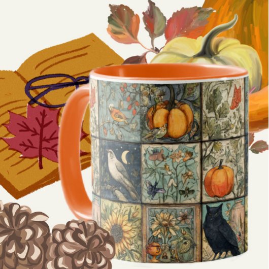 Oude herfst patchwork uitziende pompoen uil bloem mok