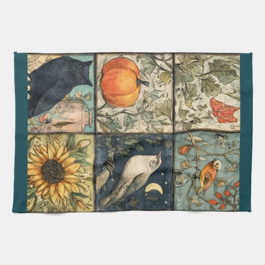 Oude herfst patchwork uitziende pompoen uil bloem theedoek (Horizontaal)