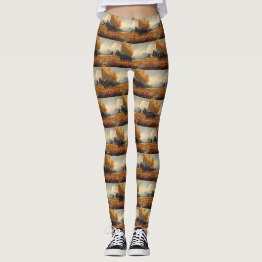 Oude herfstweide-schildering klaprozen leggings (Voorkant)