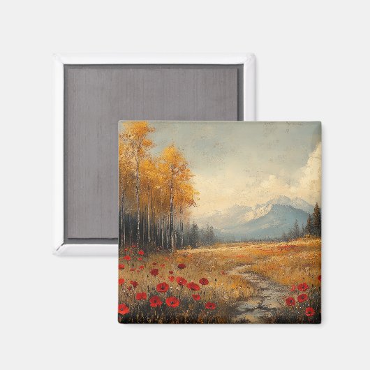 Oude herfstweide-schildering klaprozen magneet (Voorkant / Achterkant)